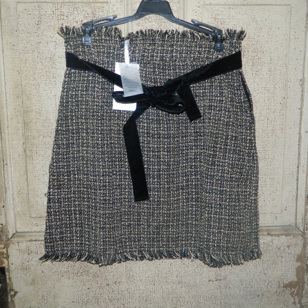 Grace Karin Black Tan White Tweed Mini Pencil Business Skirt with Tassel (M-20)